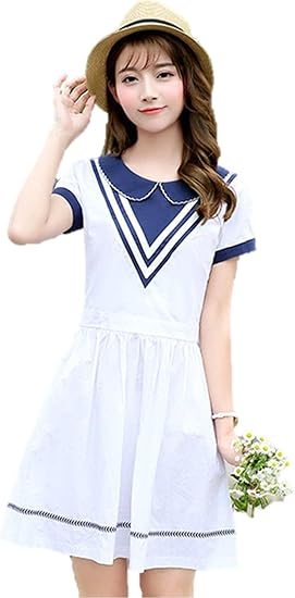 Amazon Co Jp 夏 ワンピース ラペルワンピース フレアスカート マリン風 Vラインステッチ 森ガール レディース かわいい カジュアル 襟付き 爽やか カールズ 学生 袖フリル ティーン 清純 少女 K56 2xl ホワイト 服 ファッション小物