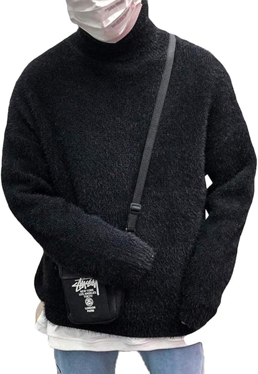 Amazon ニカ メンズ セーター もこもこ ニットセーター メンズ 韓国風 ゆったり 着痩せ 長袖 タートルネック カジュアルセーター ショートセーター カットソー 男性用 無地ブラックt3 セーター 通販