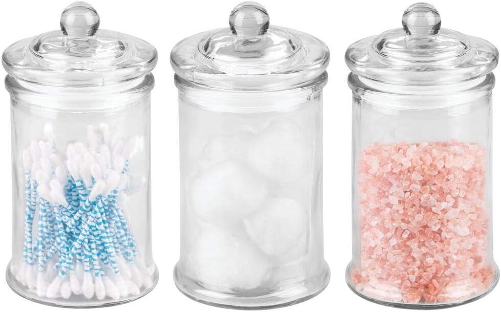 Amazon Com Mdesign Bathroom Vanity Storage Organizer Apothecary Canister Jar For Cotton Balls Swabs Makeup Sponges Bath Salts Hair Ties Jewelry 3 Pack Clear Home Kitchen