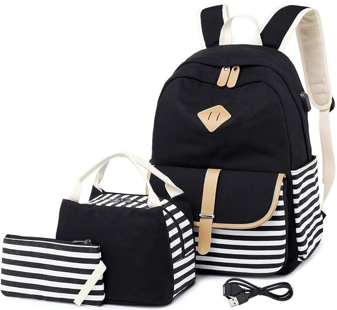 Netchain Schulrucksack Rucksack für Mädchen Schultasche Backpack Canvas Rucksack mit 15.6 Zoll, USB Charging Port (Schwarz-3)