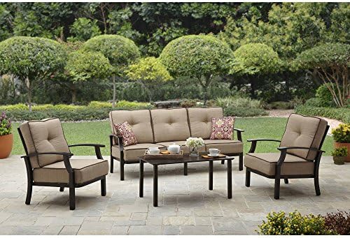 Four Piece Patio Out Door Garden Conversation Set Five Seats with Sofa Slat Top Coffee Table Two Chairs with Fabric Water Resistance Comfortable Cushions and Two Pillows