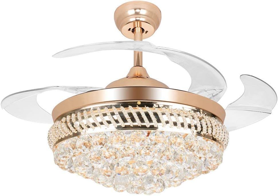 RS Lighting Remote Control Crystal Ceiling Fans With lights Modern Transparent Acrylic 4 Retractable Blades Fan Chandelier 42-Inch Lighting Fixture