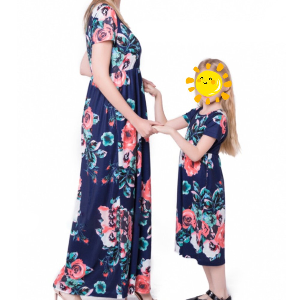 Pevor Mommy and Me Floral Printed Bohemia Maxi Long Matching Dresses Mom XL Navy