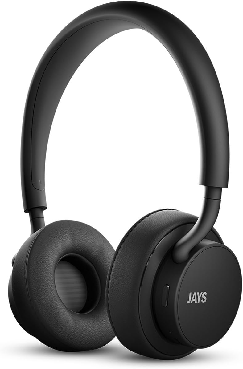 JAYS Bluetooth Headphones, Wireless Earphones with a Massive 25 Hours Play Time, Integrated Touch Controls and Immersive Bass, Noise Isolating with Microphone - Black