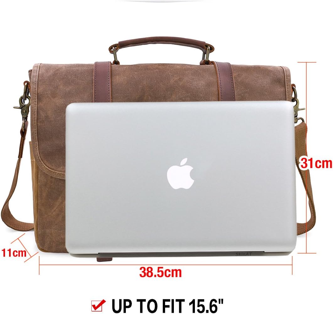 Mens Messenger Bag 15.6 Inch Waterproof Vintage Genuine Leather Waxed Canvas Briefcase Large Satchel Shoulder Bag Rugged Leather Computer Laptop Bag, Brown: Computers & Accessories