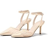 Coutgo Womens Closed Toe High Heels Mesh Satin Pointed Toe Dress Shoes Ankle Strap Pacthwork Wedding Pump Shoes