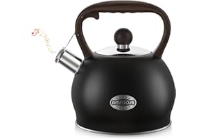 AMFOCUS Tea Kettle Whistling Teapot for Stovetop : 2.64 Quart Food Grade Stainless Steel Tea Pot with Ergonomic Handle, Loud Whistle Camping Kettle for Tea, Coffee, Milk - Black
