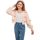 MakeMeChic Girl's Cute Bow Cropped Cardigan Sweaters Long Sleeve V Neck Button Down Knitted Cardigan