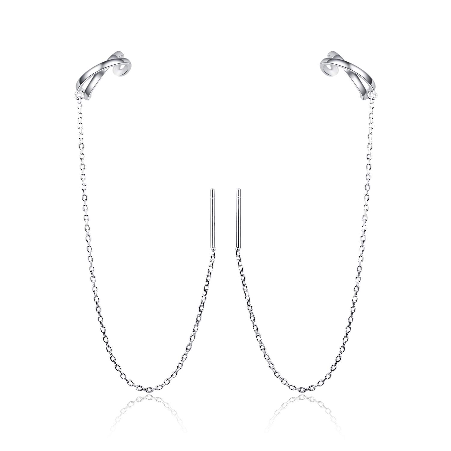 925 Sterling Silver Threader Earrings with Cuff Earrings, Ear Crawler Wrap Drop Earring for Women Girls