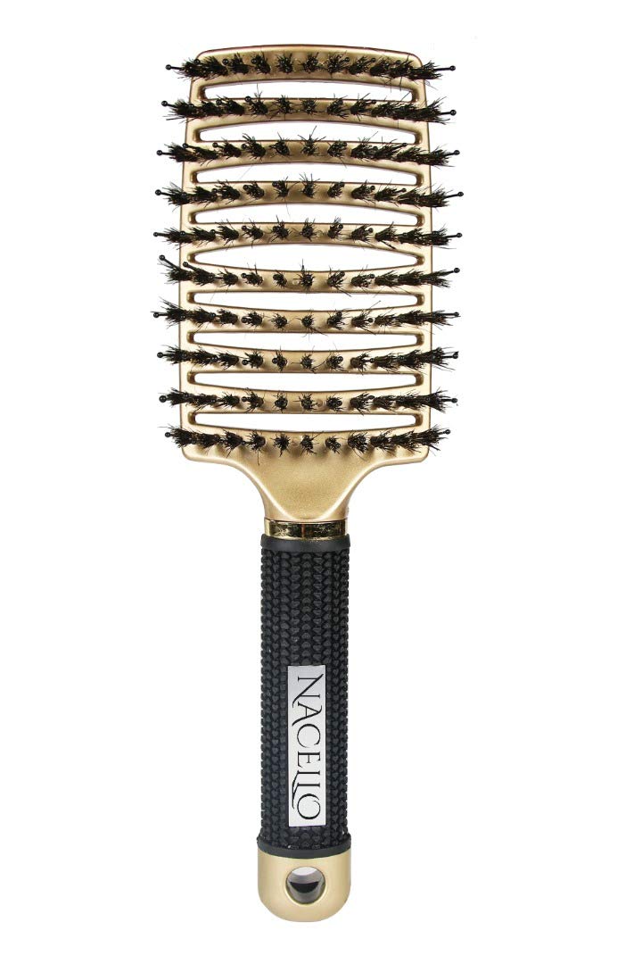 Nacello Boar Bristle Hair Brush- Vented & Heat Resistant- Detangles & Smoothes Long, Short, Thick or Thin Hair- Gold