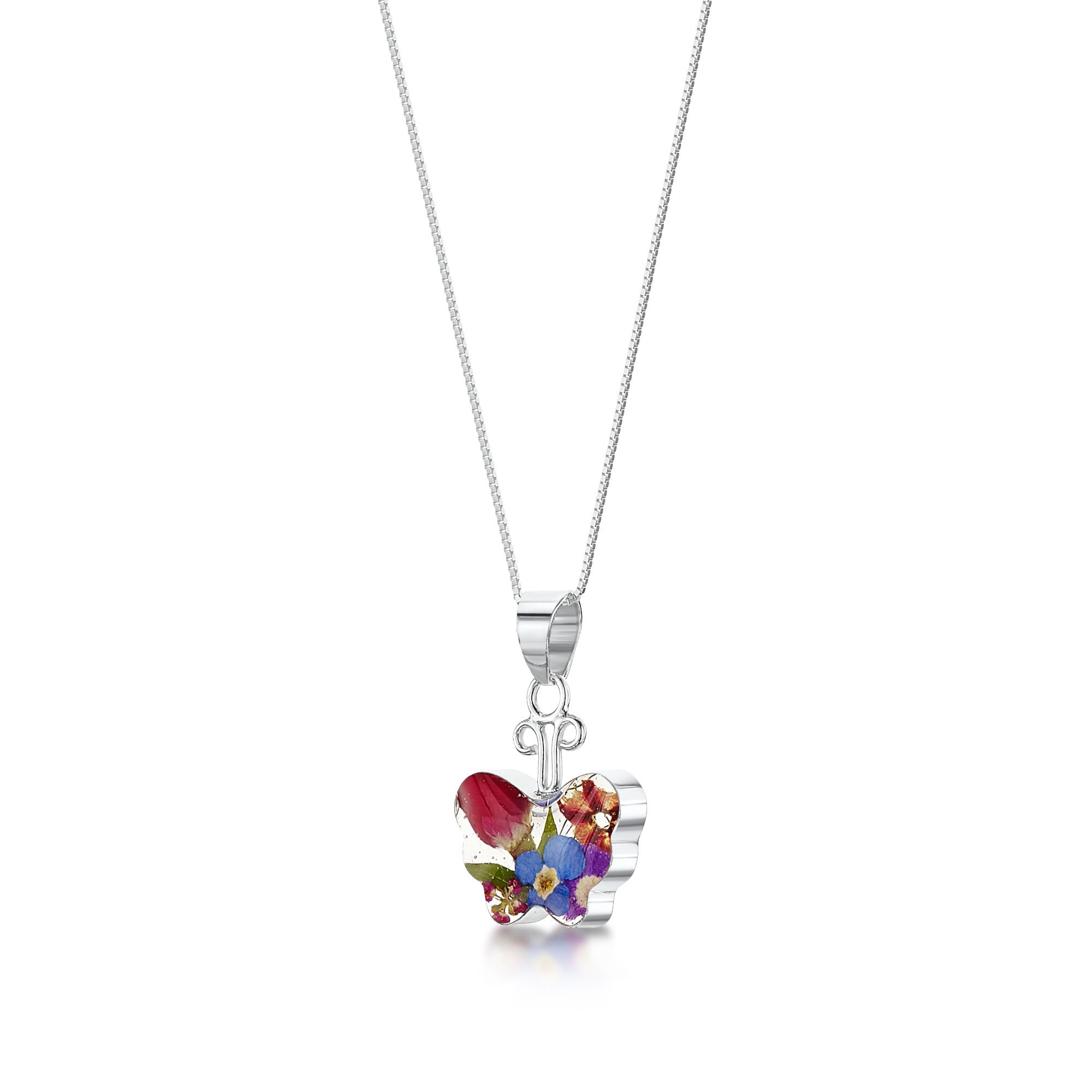 Shrieking Violet 925 Sterling Silver Small Butterfly Real Flower Pendant Necklace - Assorted Flowers (Multicolour)