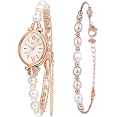 Dacdyi Petite Pearl Watch and Bracelet Set for Women Dainty Analog Quartz Watch for Women