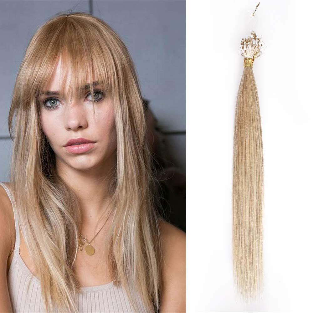 1g/s Micro Loop Human Hair Extensions Pre bonded Real Remy Hair with Micro Ring Beads Straight - 50 Strands (16 inches, #18P613 Ash Blonde&Bleach Blonde)