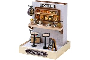 TuKIIE DIY Miniature Dollhouse Kit with Furniture, 1:24 Scale Creative Room Mini Wooden Doll House Plus Dust Proof for Kids Teens Adults(Coffee Time)
