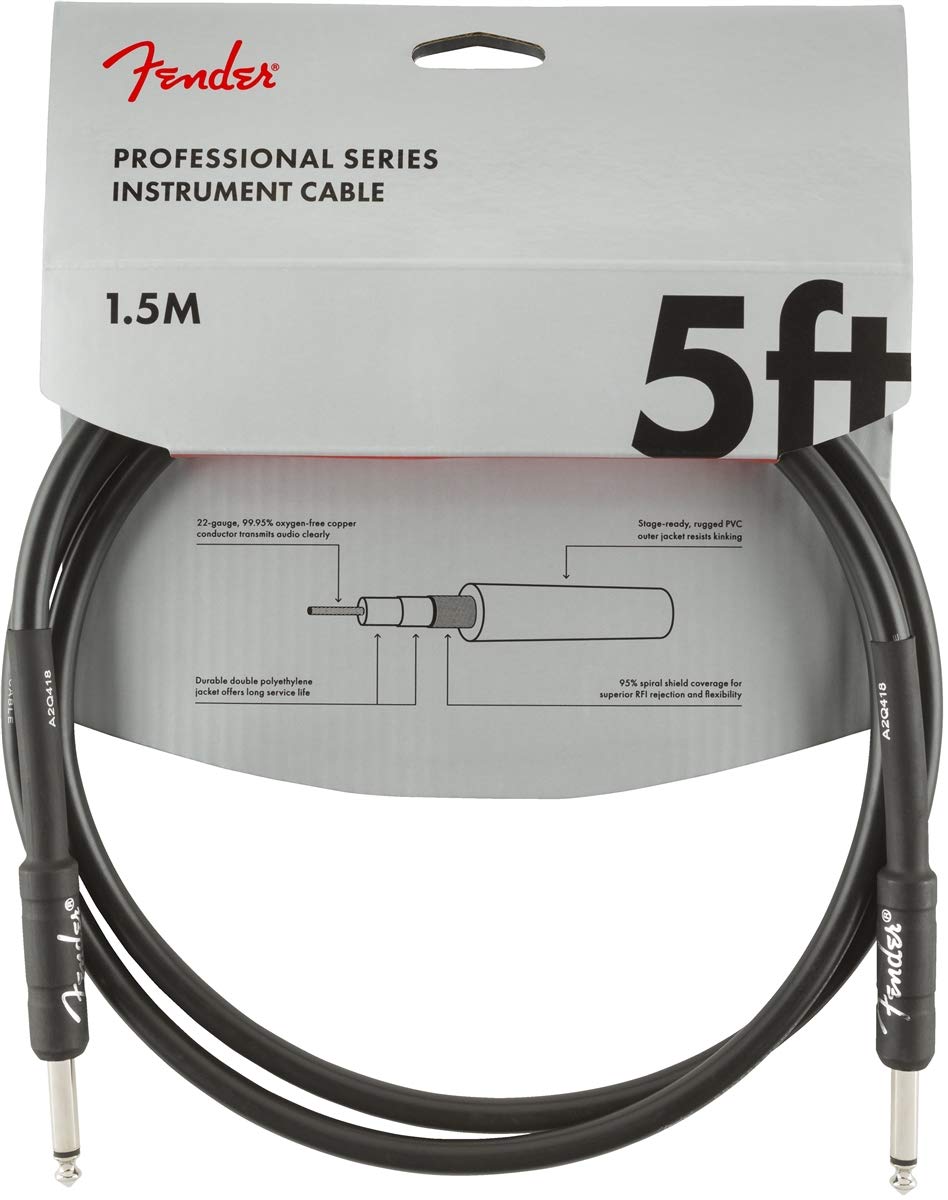 Fender Professional Series Instrument Cable, 5ft,1.5m, Engineered to Avoid Twisting, Black (Angled Jack)