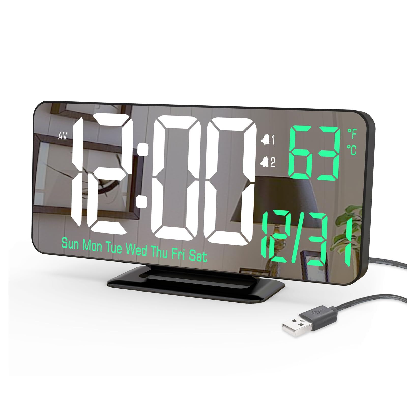 KOSUMOSU Desk Clock 6.7in Black Digital Alarm Clock with Dual Alarm, Dimming, Date, Day of Week, Temp, 12h 24h, Digital LED Clock for Table Decor, Digital Calendar Mirror Clocks Essentials