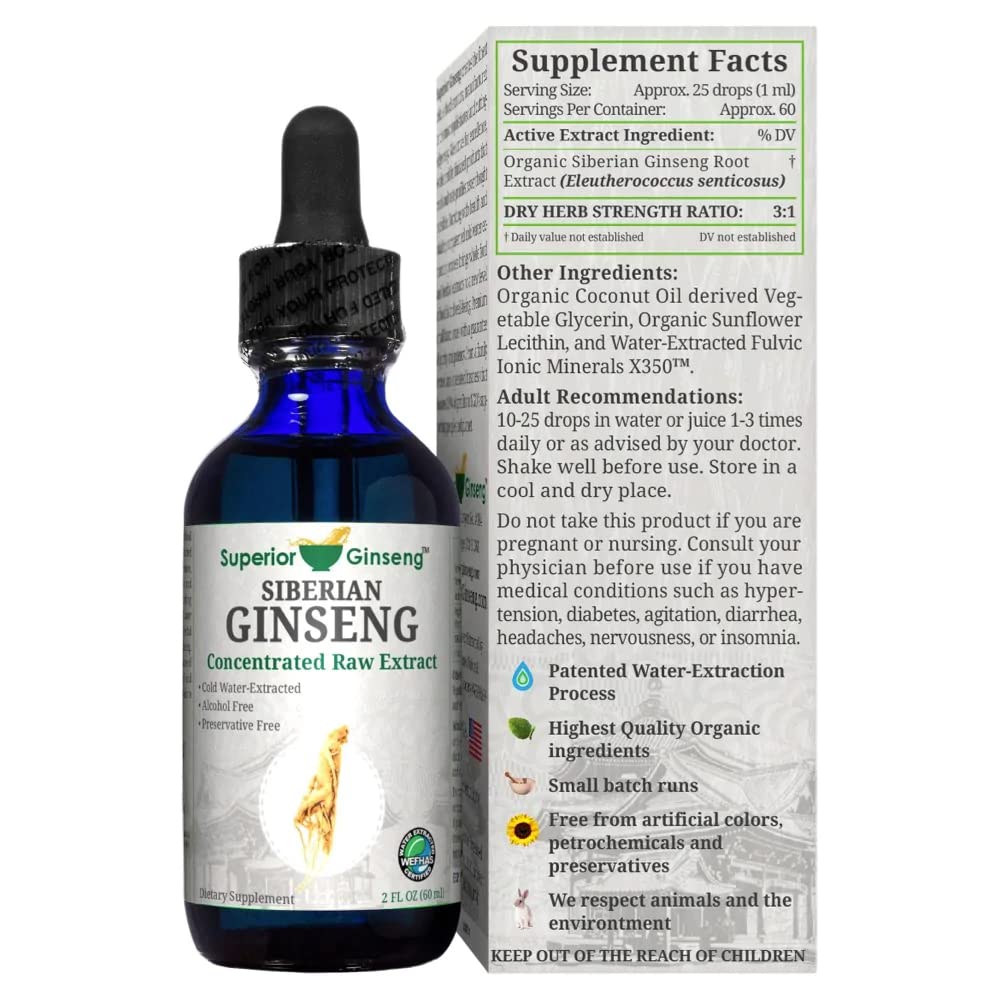 Siberian Ginseng Root Extract - Organic Ingredients & Alcohol Free - 2oz - Patented Cold Fulvic Mineral Water Extracted - Adaptogen - Immune Support for People & Pets