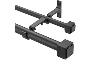KEMMIE Double Curtain Rods with Square Heavy Duty Aluminum Alloy Finials - 72-144' Telescoping Rods, 1 Inch Front and 5/8 Inch Back - Matte Black