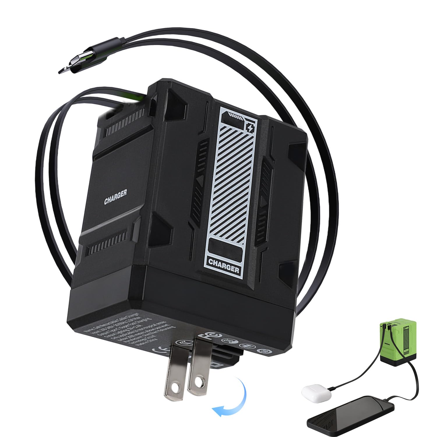 Photo 1 of 2 in 1 GaN Charger 120w, New Scalable Retractable 120w Fast Charger Module, All in 1 Foldable Charging Adapter Wall Plug for Phone, Tablet, Laptops (Black)