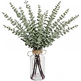 SwanMoon 17.5 Inch Artificial Eucalyptus Stems in Glass Vase with Faux Water, Fake Eucalyptus Leaves and White Seeds for Table Centerpiece, Farmhouse Wedding Home Greenery Decoration