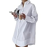 SUNNOW Women's Casual Shirt Dress Collared V Neck Button Down Loose Long Sleeve Tunic Mini Dresses