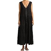Cusghjbsg Women's Sleeveless Tank Long Dress Summer Solid Color Deep V Neck Button Pleated Dress Loose Beach Smocked Sundress