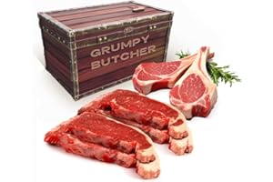DEN'S HOT DOGS Grumpy Butcher Steaks and Chops in Treasure Gift Box - 4 Strip Steaks (10 oz), 2 Duroc Tomahawk Bone-in Pork Chops (14 oz) - Classic Steak & Pork Chop Gift Packages Specials