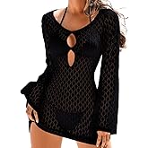 ChiaoLezhee Women's Summer Crochet Swimsuit Cover-up, Boho Long Bell Sleeve Mini Dress, for Beach Vacation