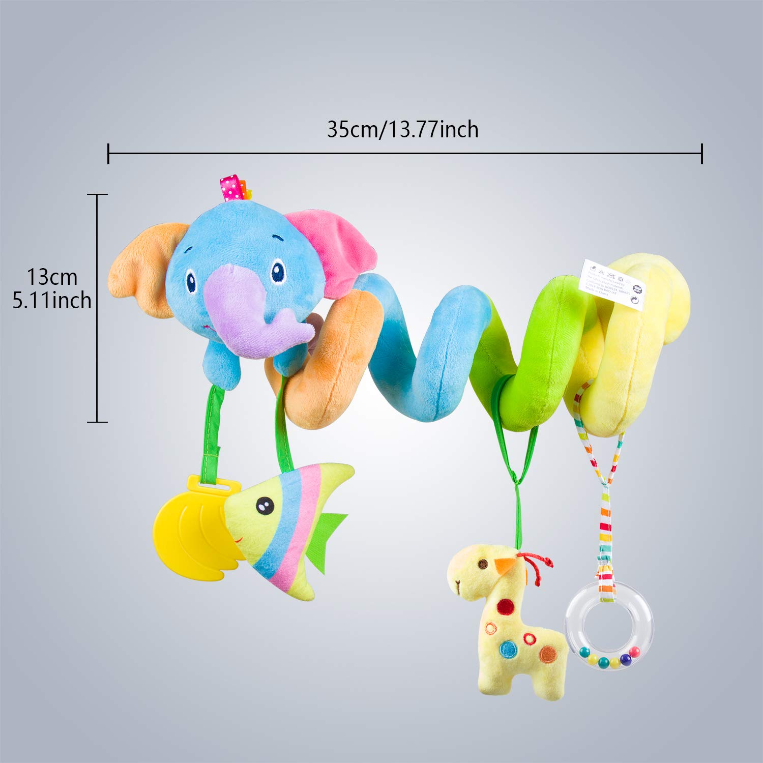 Caterbee Baby Car Seat Toys, Hanging Activity Spiral Plush Stroller Toys with Rattle for boy or Girl (Elephant)