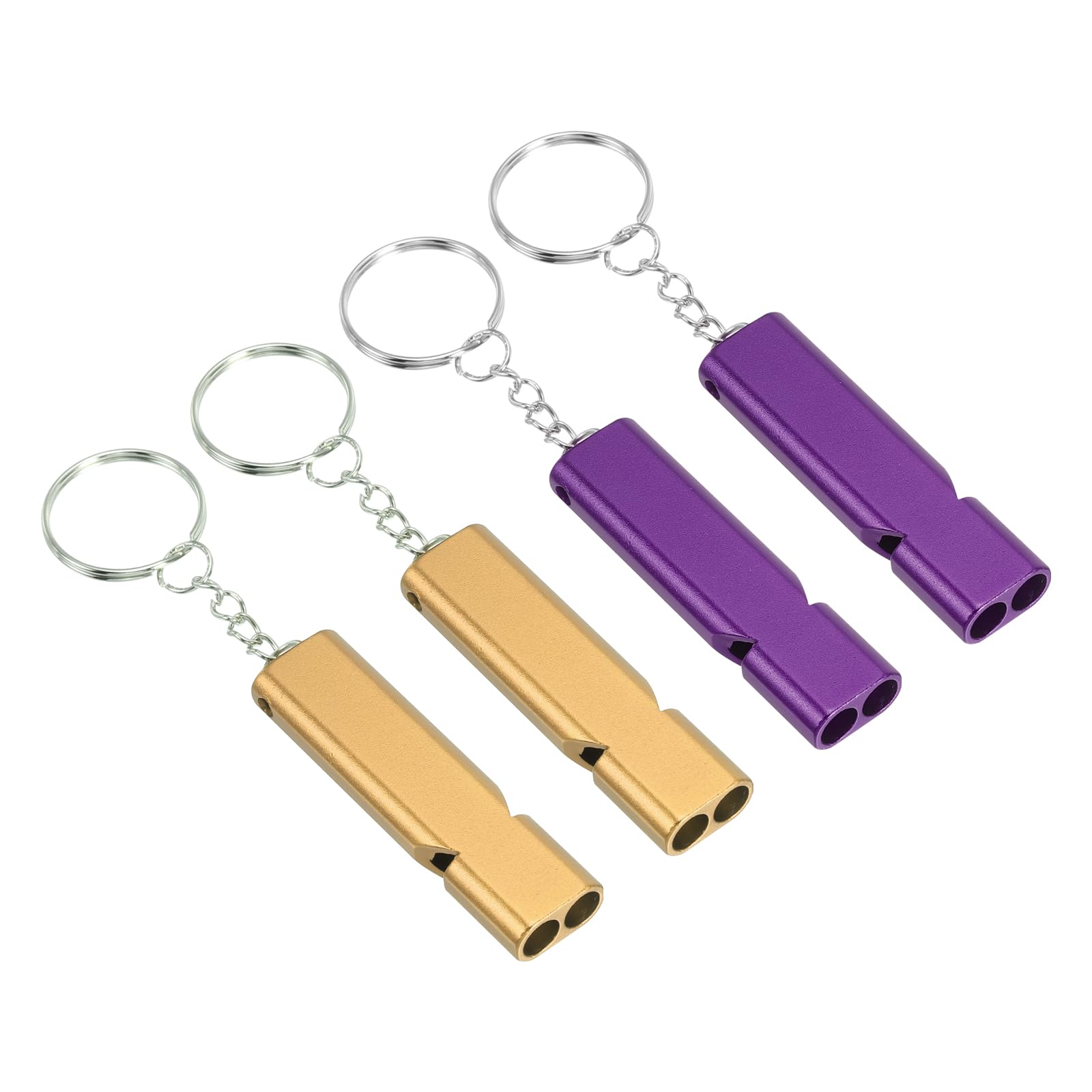 PATIKIL Emergency Whistle, 4 Pack Loud Sound Aluminum Keychain Whistles Outdoor Safety Survival Whistle for Camping Hiking, Gold, Purple