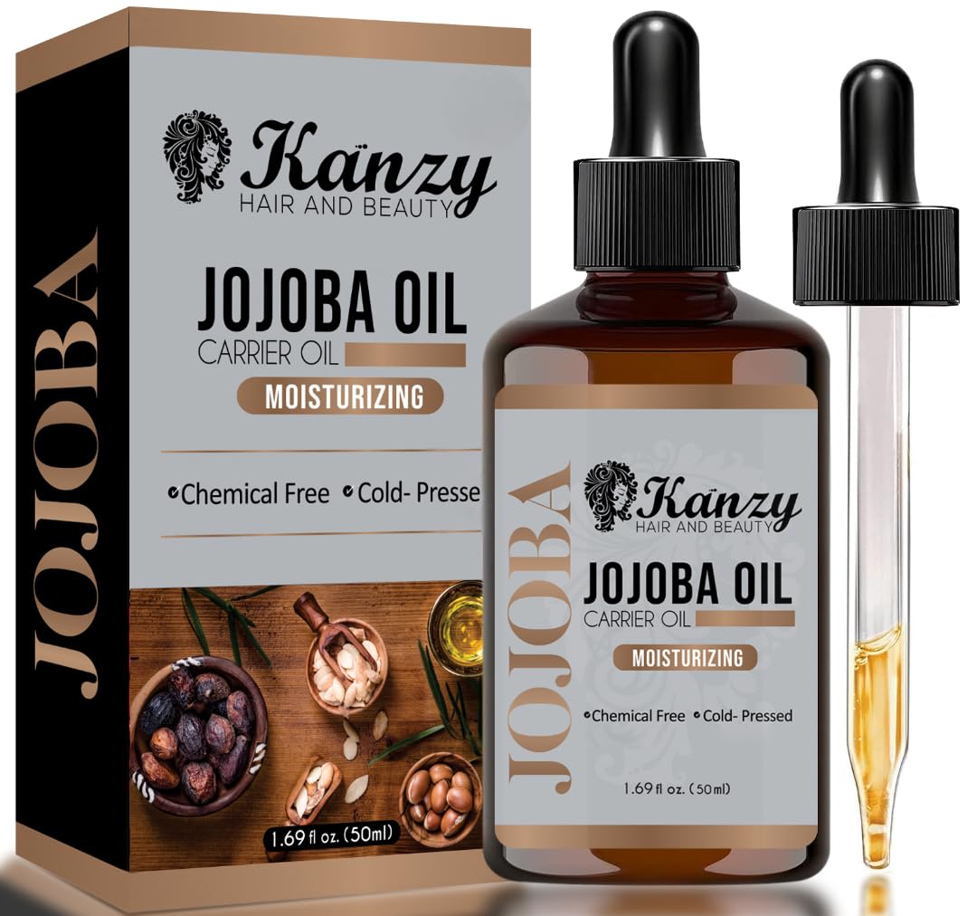Kanzy Jojoba Oil Cold Pressed 50ml - 100% Pure Jojoba Oil for Hair, Nails, Eyelash & Eyebrow Growth - Vegan & Cruelty-Free for Skin, Face & Body as Carrier, Massage Oil