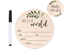 Baby Announcement Sign, 5.9Inches Hello World Newborn Sign, Double Sided Wooden Birth Announcement Signs Baby Photoshoot Prop