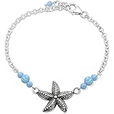 ADITA GOLD 925 Sterling Silver Blue Opal Bracelet - 3mm Round Beads Blue Opal Bracelet for Women - Star Fish Sterling Silver Charm with 16-18cm Chain Length - Anniversary Bracelet for Women