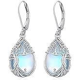 Odinstone 925 Sterling Silver Earrings Tree of Life Teardrop Moonstone Dangle Drop Leverback Earrings for Women