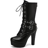 Galindopia Black Platform Boots Mid Calf for Women Block High Heels