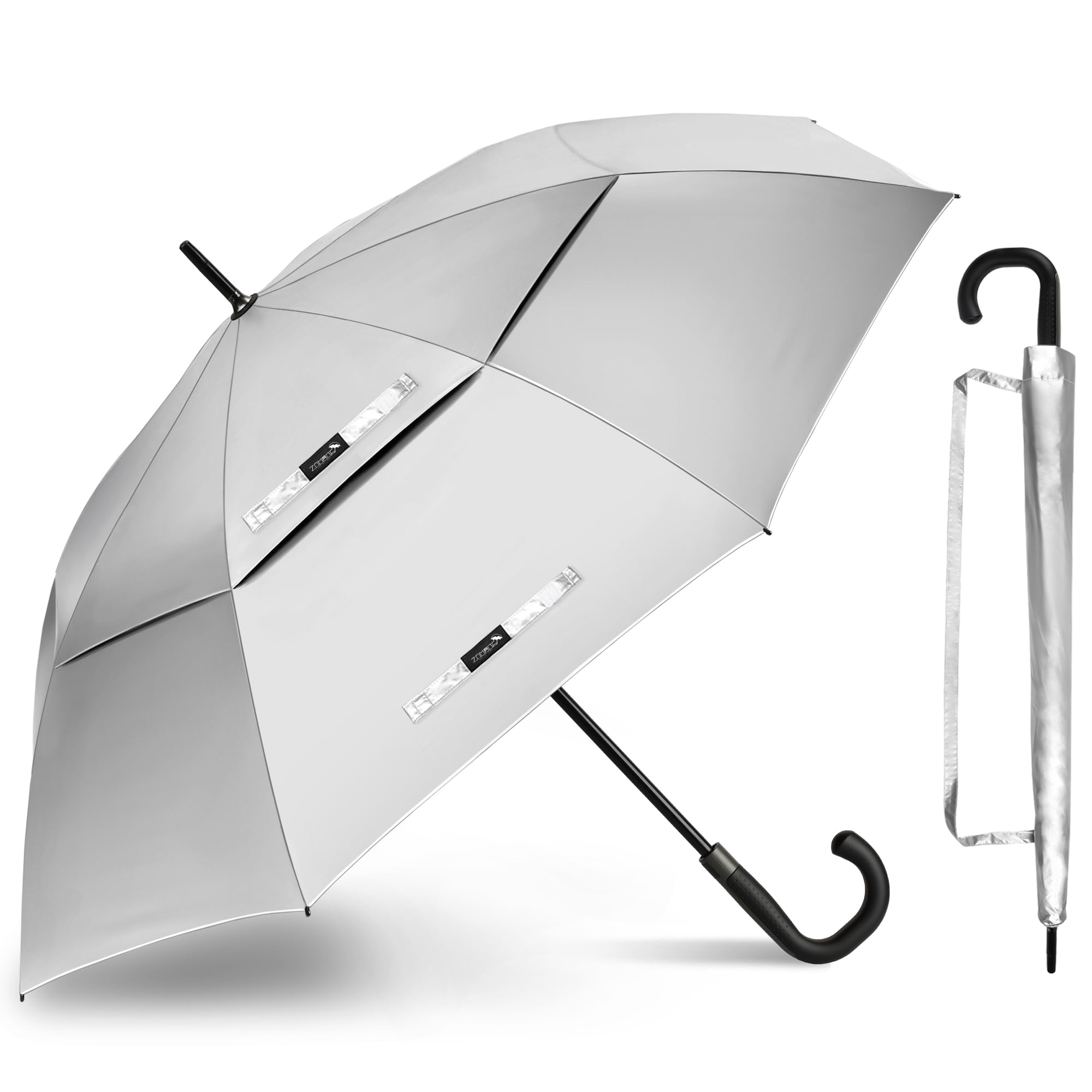 ZOMAKE UV Golf Umbrella for Sun Protection,Large Sun Umbrella Windproof and Rainproof Strong UPF 50+,Reflective Golfing Brolly with Cruved Handle 54In Unbreakable for Men Women (Silver/Black)