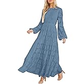 MITILLY Women's Elegant Floral Long Sleeve Round Neck Smocked A-Line Flowy Tiered Maxi Dress with Pockets