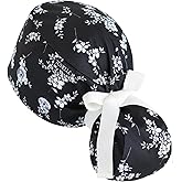 Scrub Caps Women Ponytail – Black & White Blossom Double-Sided Printed Surgical Hat with Buttons and Sweatband, Soft Nurse Cap for Long Hair, Helps Reduce Static Buildup