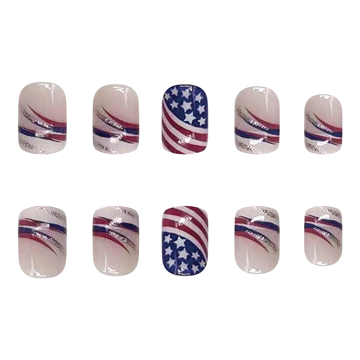 July 4 Press on Nails Short Square Artificial Acrylic Nails USA Flag Pattern False Nails Stripe Design Fake Nails Full Cover Glossy Coffin Nails Holiday Nails Glue on Nails for Women Independence Day - Image 4