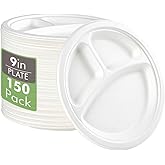 Vplus 100% Compostable Paper Plates, 150 Pack 9 Inch 3 Compartment Plates Disposable, Heavy Duty Biodegradable Plates Made of Sugar Cane Fibers, for Daily meals, Dinner, Parties, BBQ