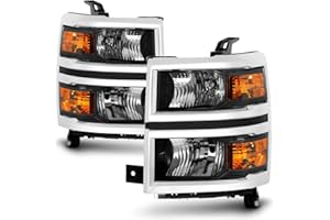 CORKIAUTO Headlights Assembly Replacement for 2014 2015 Chevy Silverado 1500 Halogen Head Light Headlamp Driver &Passenger Side, Chrome Housing Black Inner Amber Corner