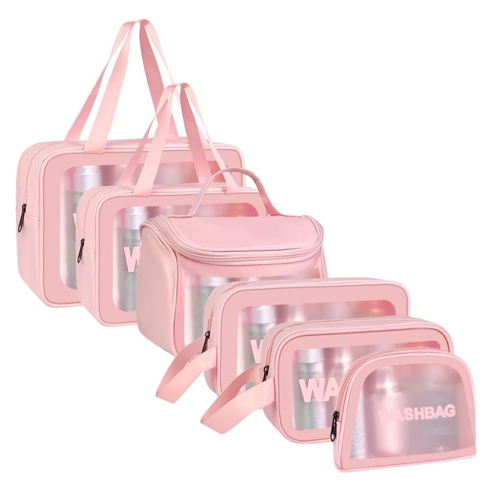 Aucuu 6PCS Clear Toiletry Bag, Wash Bag, Clear PU Makeup Bags, Waterproof Toiletry Travel Bags with Zipper Handle, Portable Airport Cosmetic B-ag for Travel Bathroom Men Women (Pink)