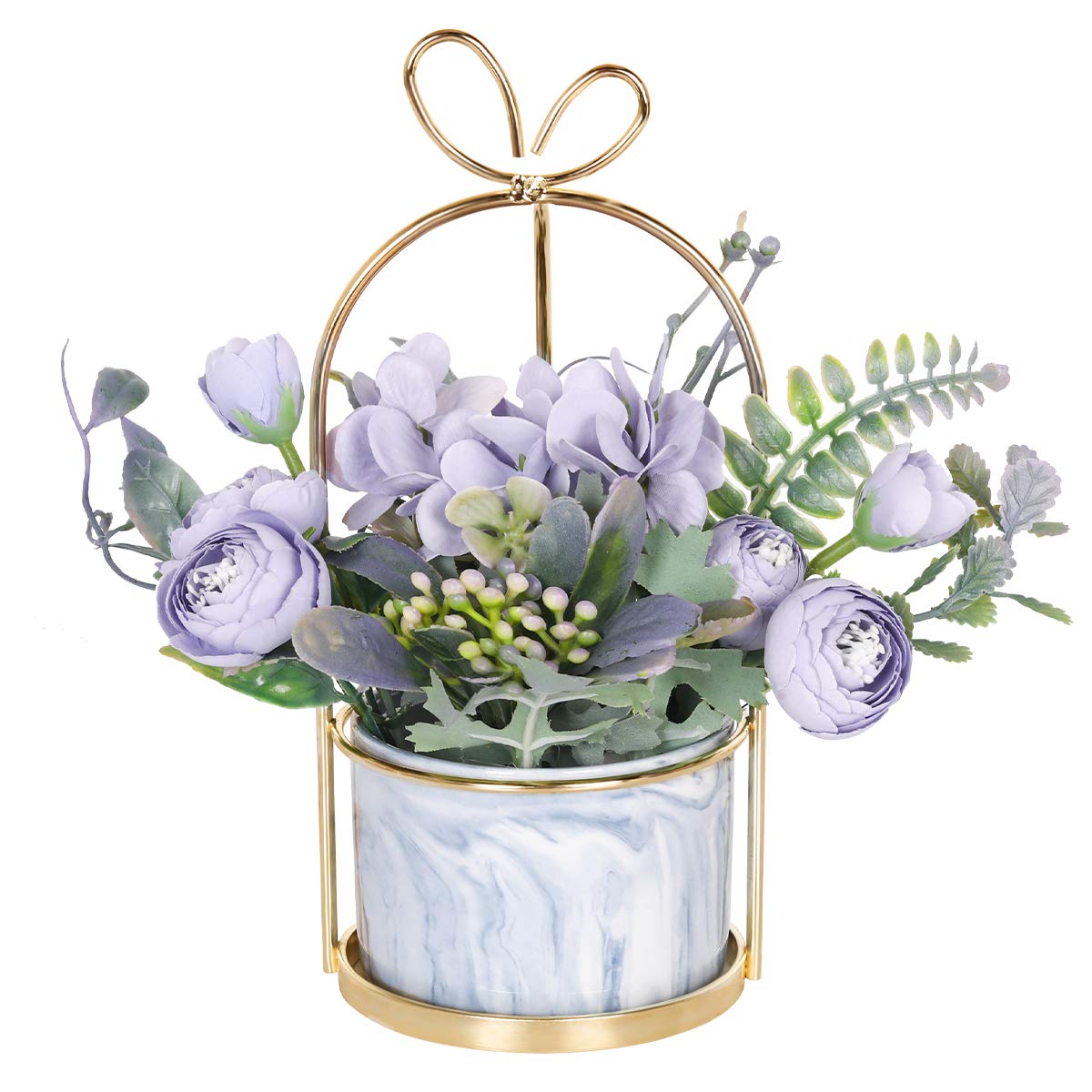 Hobyhoon Artificial Silk Flowers with Vase Fake Hydrangea & Chrysanthemum Floral Arrangement for Home Wedding Decor, Table Centerpiece, Living Room Desk Decoration