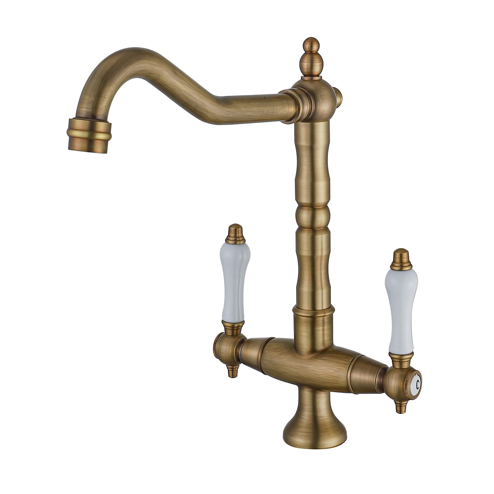 BOAOTX Antique Kitchen Faucet - 360° Rotating Nostalgia Two Handle Sink Mixer Tap, High Pressure With High Spout Brass