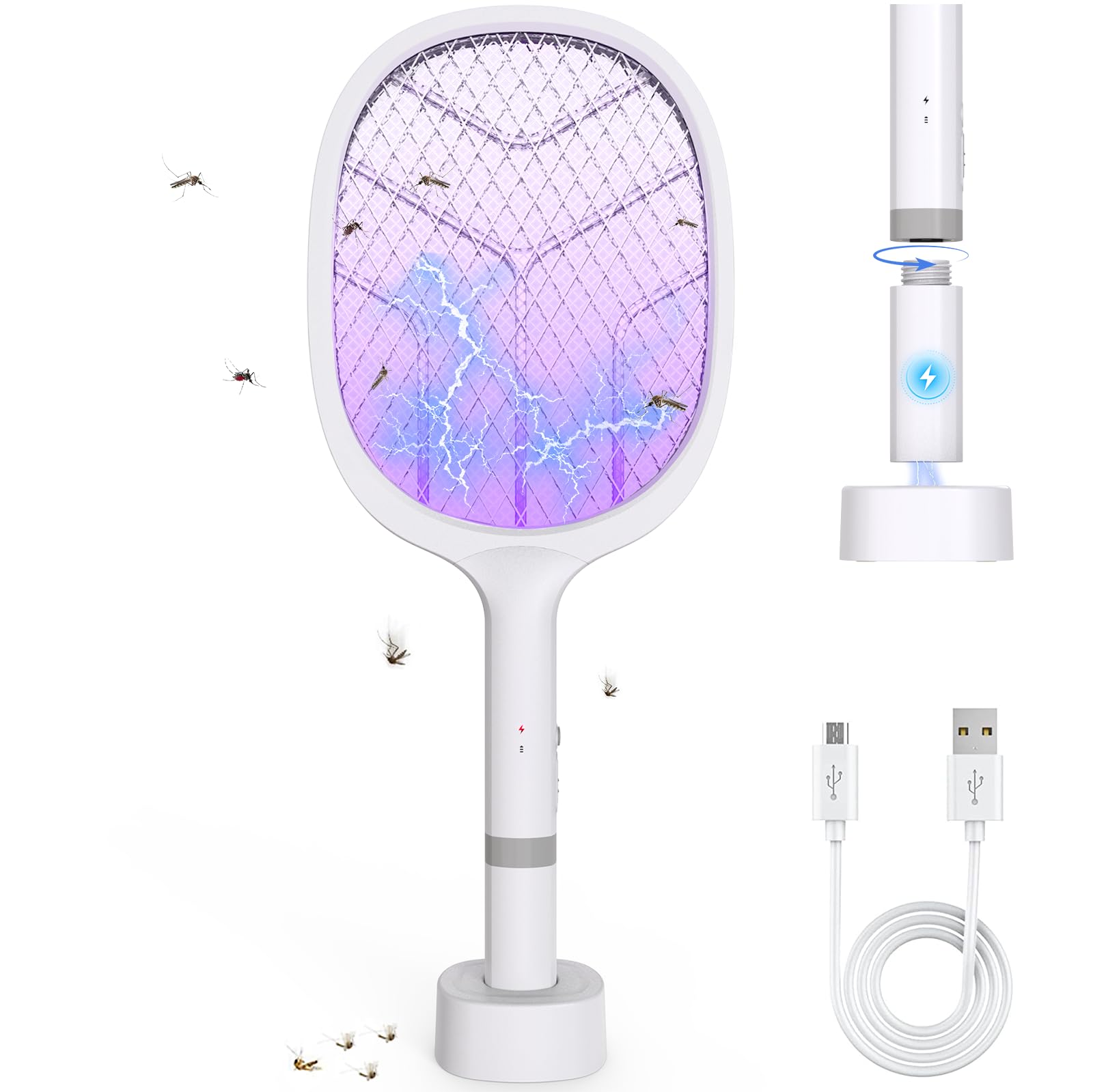 Elektrische Fliegenklatsche: 4800V Fliegenklatsche Elektrisch mit UV Lichtfalle, 2 in 1 USB mit 2000 mAh Akku Aufladbar Abnehmbar Elektro Mückenklatsche mit Ladestation, für Mücken-One