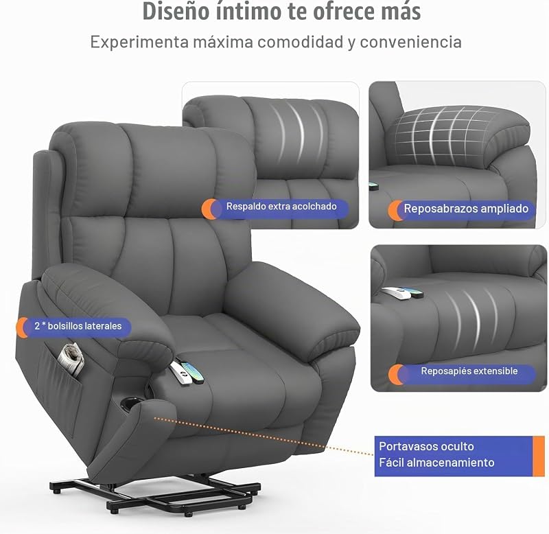 Sillón Relax Reclinable para Personas Mayores, con Masaje y Calor, Reposapiés Extensible, Puertos USB tipo C+, Portavasos Ocultos y dos bolsillos laterales,Reclinable Extragrande tipo Sofá para salón