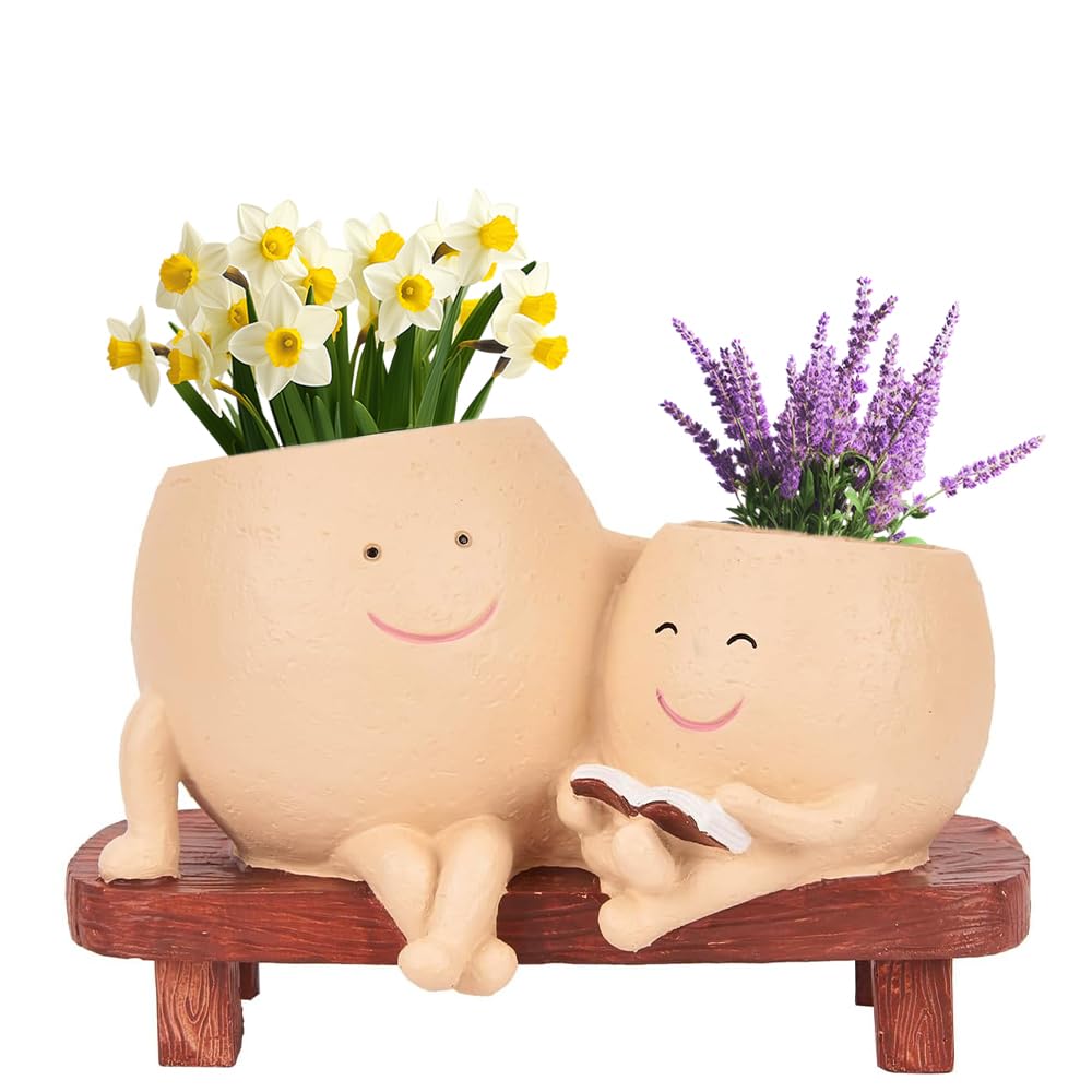 Smiley Face Planter Pot Cute Resin Flower Head Planters, Flower Head Planters for Indoor Outdoor Plants Unique Sit Swing Succulent Pot with Drainage Hole Gift for Mother's Day Appreciation