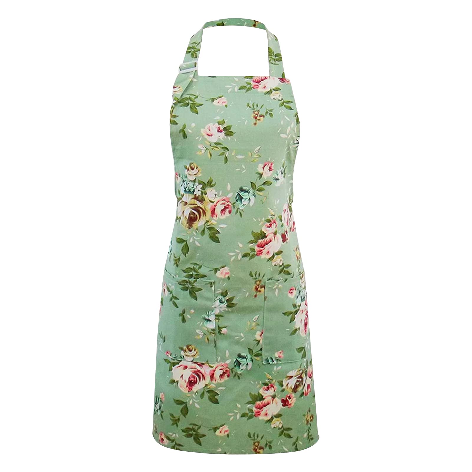 Udewo 1 PCS Floral Aprons for Women, Adjustable Kitchen Apron Vintage Flower Baker Chef Canvas Green Bib Chefs Pinafore with Pockets Cooking Baking Gardening Restaurant