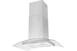 JOEAONZ Island Range Hood 36 inch 700 CFM, Ceiling Mount Kitchen Vent Hood Ducted/Ductless Convertible, 4 LED Lights 5-Layer Filters Extractor Stove Exhaust Fan, Curved Tempered Glass Stainless Steel