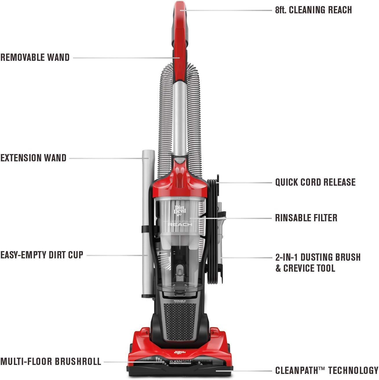 Dirt Devil Endura Reach Upright Bagless Vacuum Cleaner for Carpet and Hard Floor, Lightweight, Corded, UD20124, Red -